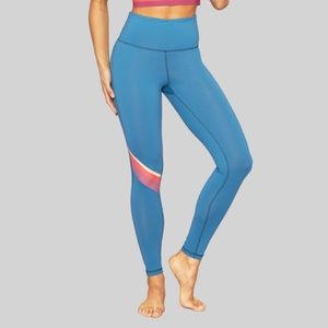 High-Waisted Blue Athletic Leggings with Pink Contrast Stripe